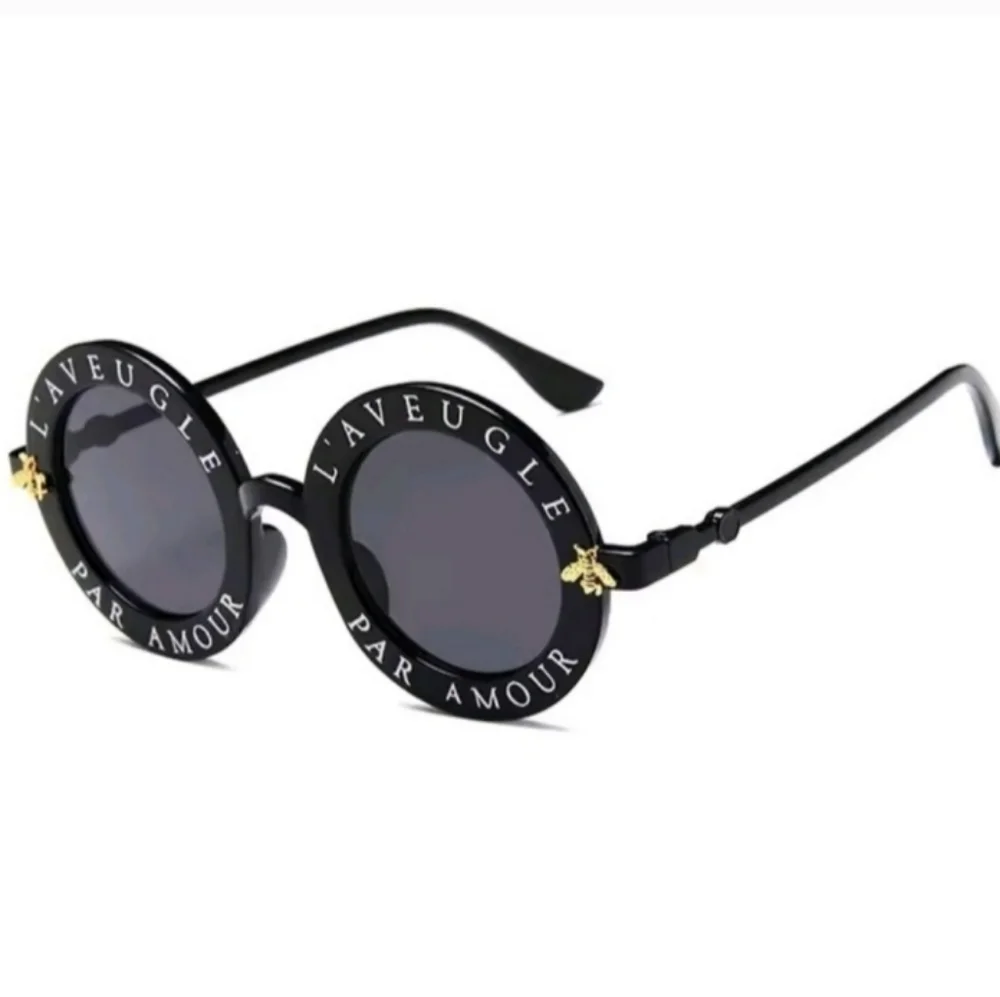 Black Round Sunglasses With Vintage Gold Bee Frames Dark Gray Lens Design